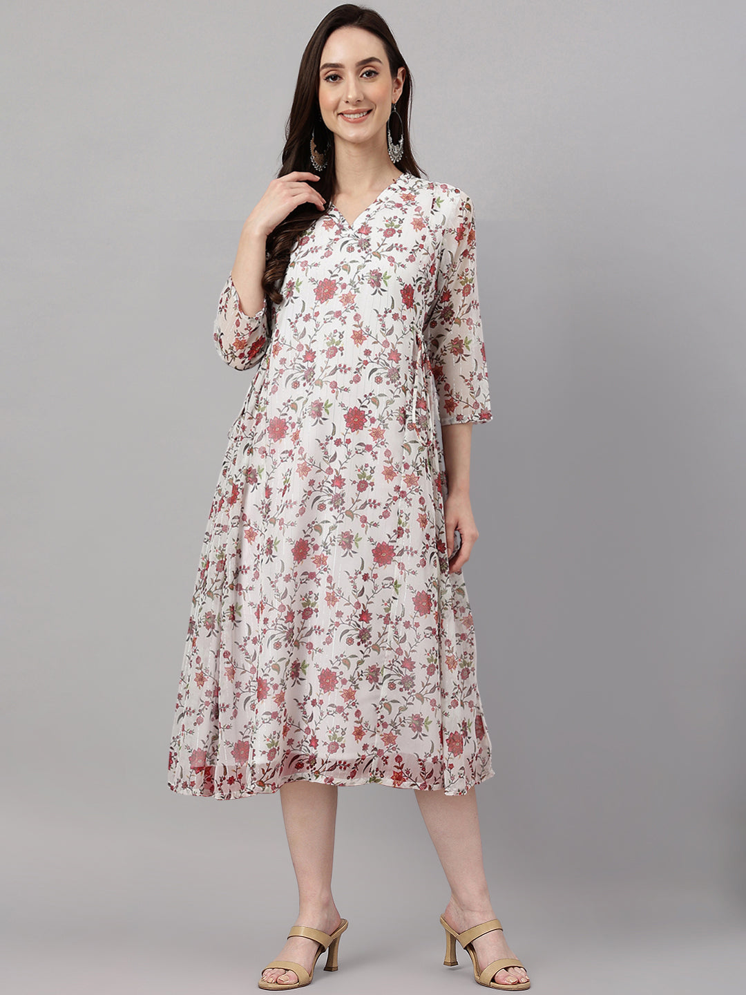Janasya Women's White Chiffon Lurex Floral Printed Flared Casual Dress | Grocsy
