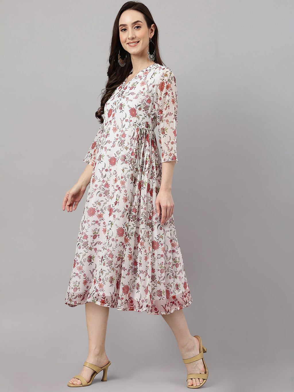 Janasya Women's White Chiffon Lurex Floral Printed Flared Casual Dress | Grocsy