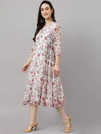 Janasya Women's White Chiffon Lurex Floral Printed Flared Casual Dress | Grocsy