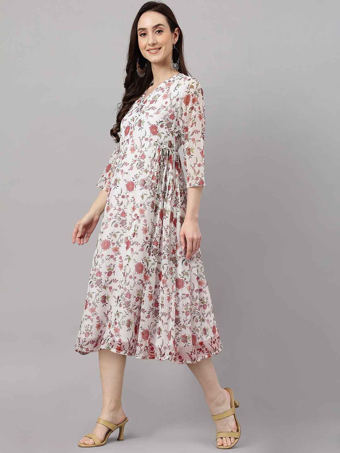 Janasya Women's White Chiffon Lurex Floral Printed Flared Casual Dress | Grocsy