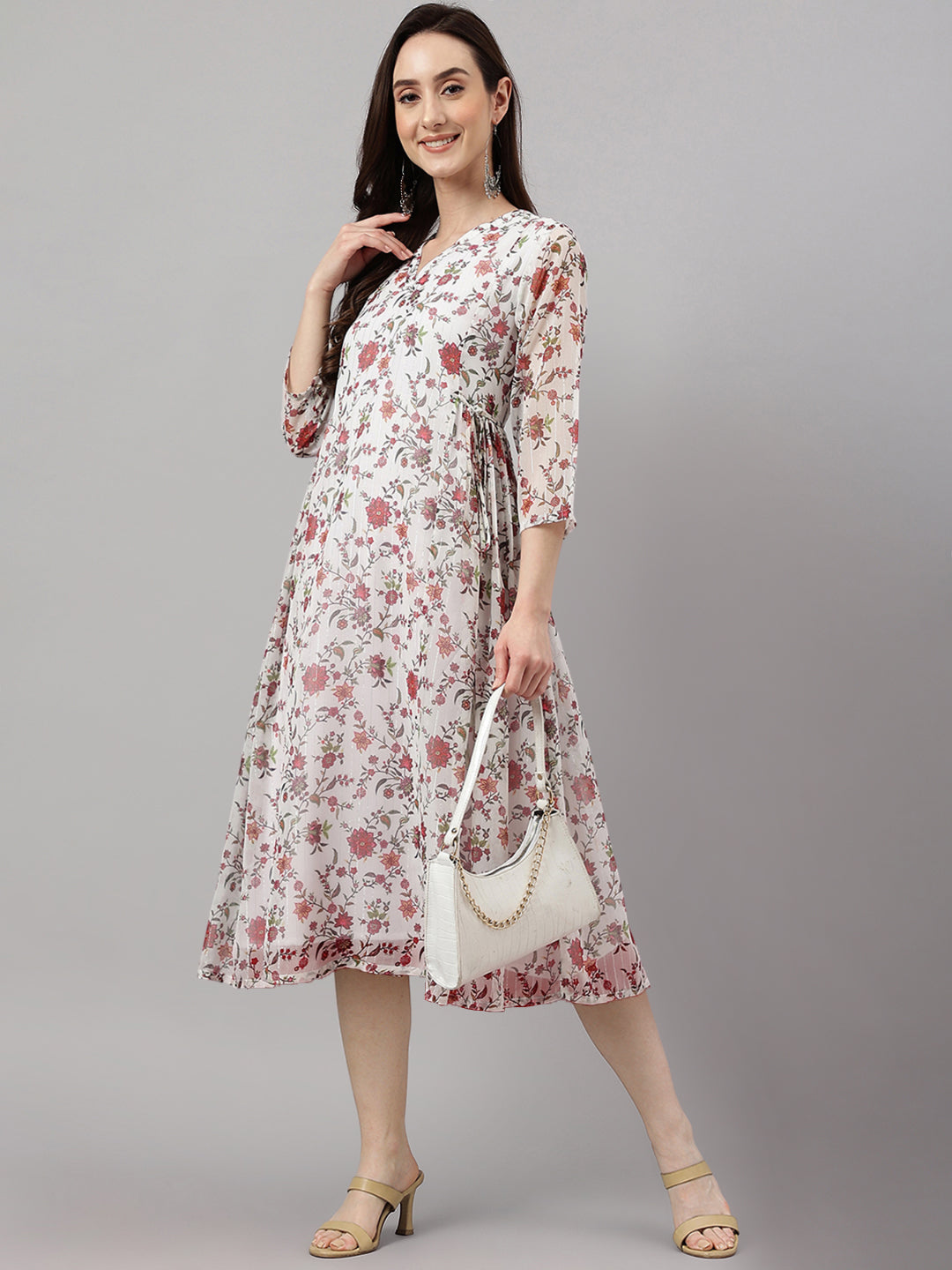 Janasya Women's White Chiffon Lurex Floral Printed Flared Casual Dress | Grocsy