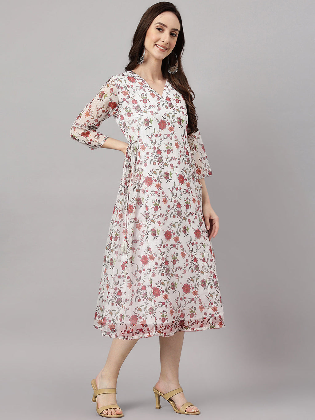 Janasya Women's White Chiffon Lurex Floral Printed Flared Casual Dress | Grocsy