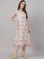 Janasya Women's Orange Chiffon Lurex Floral Printed Kaftan Casual Dress | Grocsy
