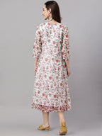 Janasya Women's White Chiffon Lurex Floral Printed Flared Casual Dress | Grocsy