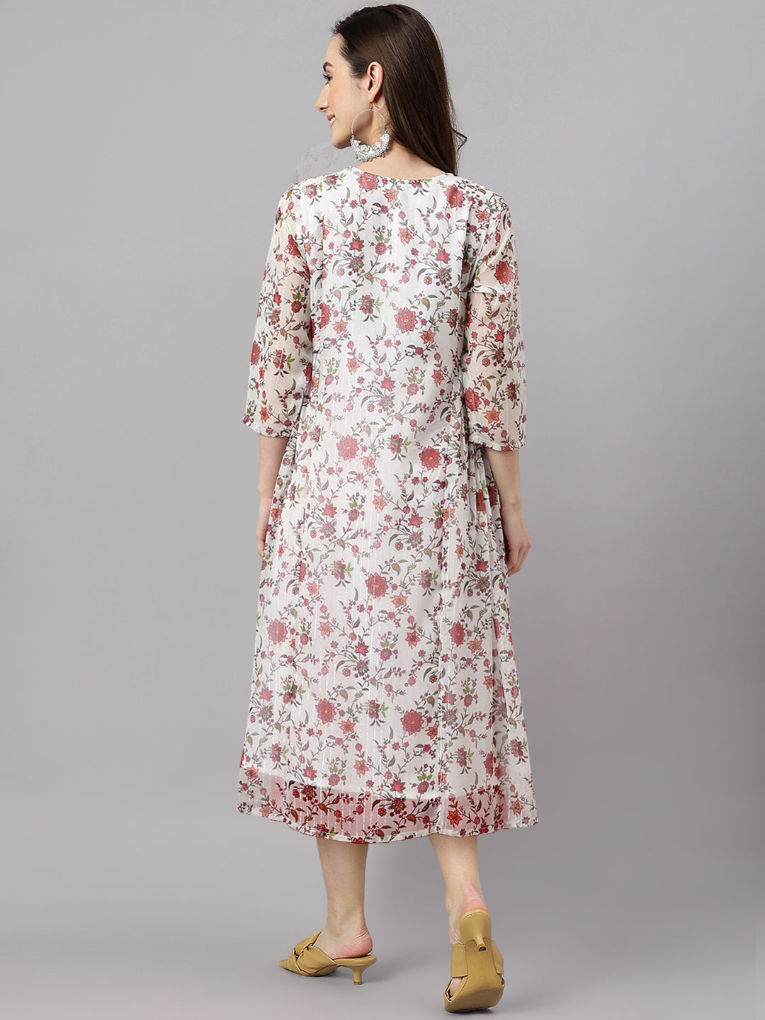 Janasya Women's White Chiffon Lurex Floral Printed Flared Casual Dress | Grocsy
