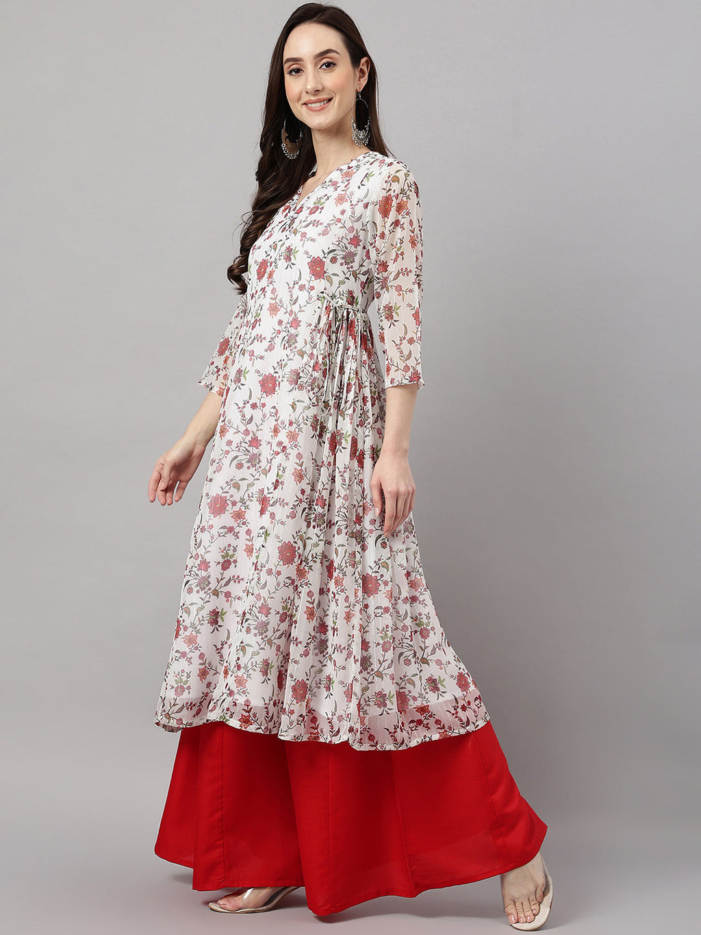 Janasya Women's White Chiffon Lurex Floral Printed Casual flared Kurta | Grocsy