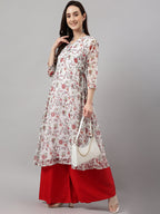 Janasya Women's White Chiffon Lurex Floral Printed Casual flared Kurta | Grocsy