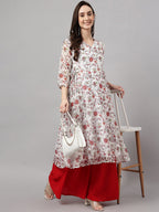 Janasya Women's White Chiffon Lurex Floral Printed Casual flared Kurta | Grocsy