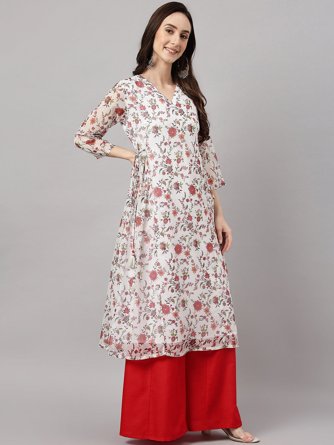 Janasya Women's White Chiffon Lurex Floral Printed Casual flared Kurta | Grocsy