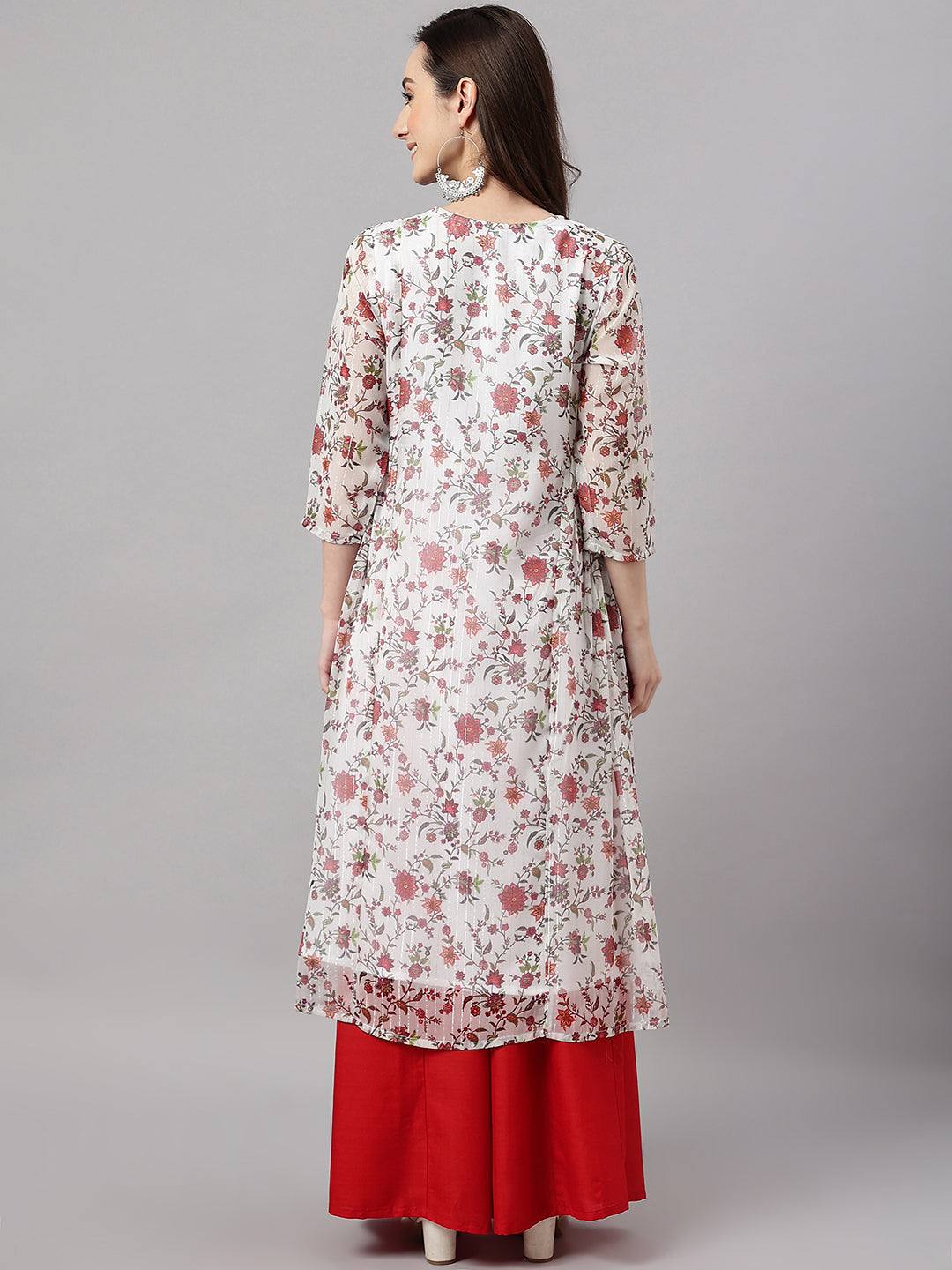 Janasya Women's White Chiffon Lurex Floral Printed Casual flared Kurta | Grocsy