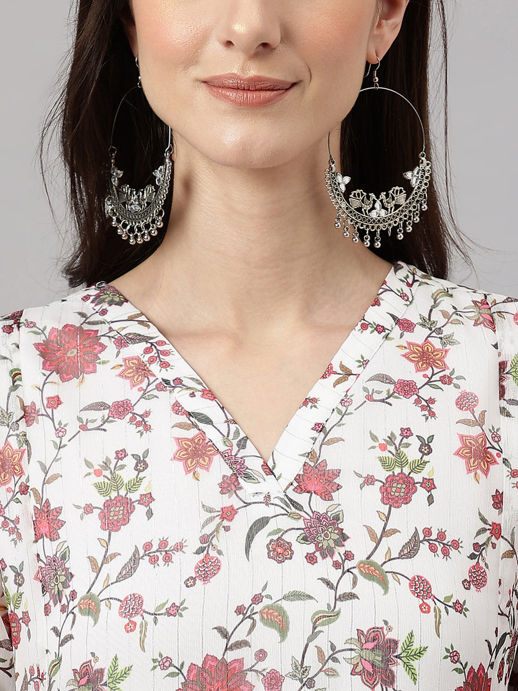 Janasya Women's White Chiffon Lurex Floral Printed Casual flared Kurta | Grocsy