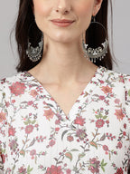 Janasya Women's White Chiffon Lurex Floral Printed Casual flared Kurta | Grocsy