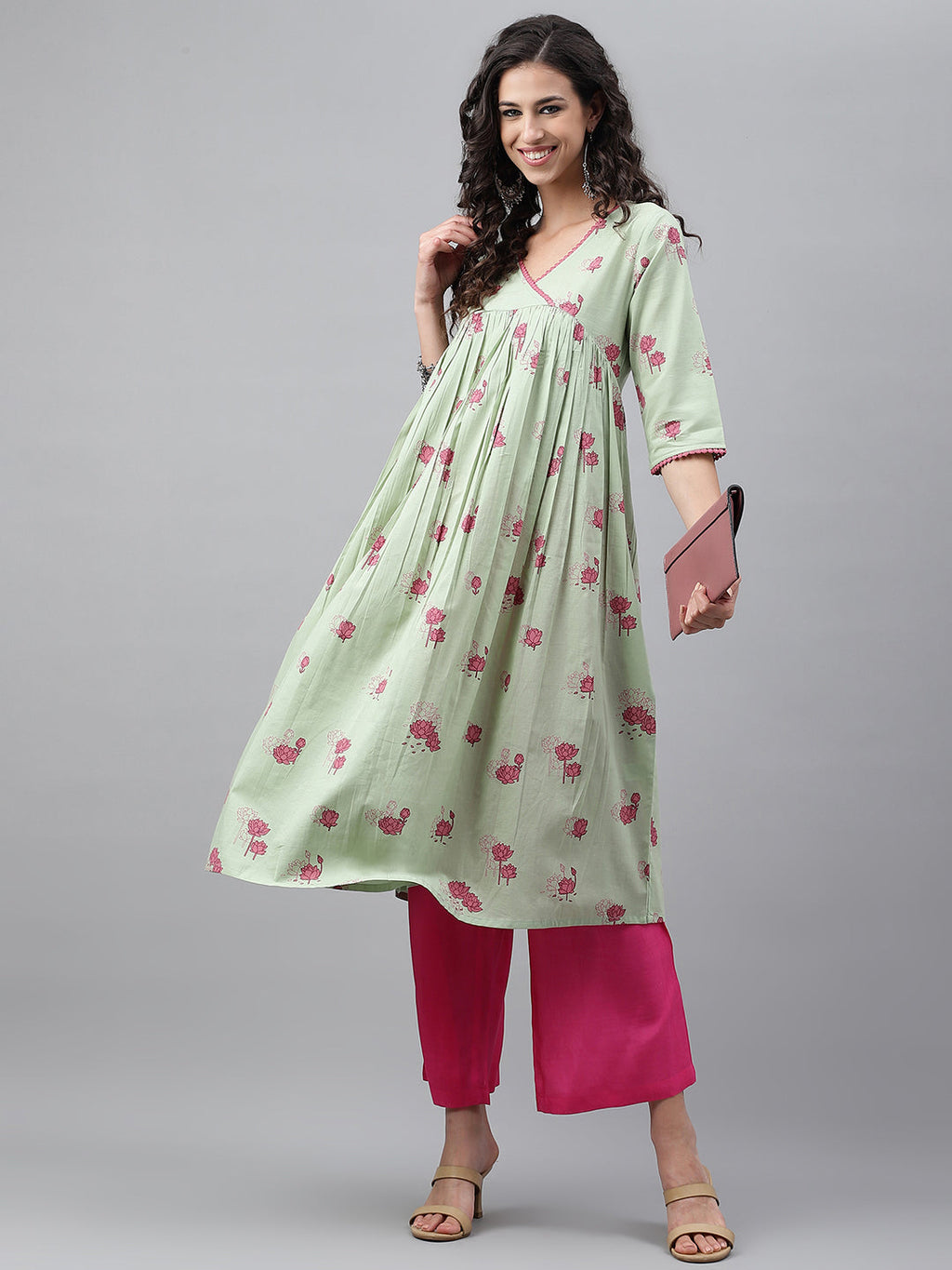 Janasya Women's Light Green Cotton Floral Printed Casual Flared Kurta | Grocsy