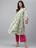 Janasya Women's Light Green Cotton Floral Printed Casual Flared Kurta | Grocsy