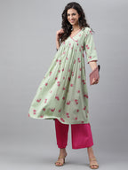 Janasya Women's Light Green Cotton Floral Printed Casual Flared Kurta | Grocsy