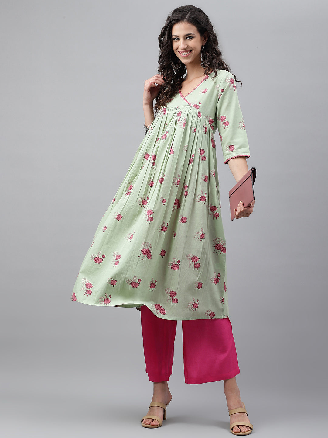 Janasya Women's Light Green Cotton Floral Printed Casual Flared Kurta | Grocsy