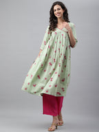 Janasya Women's Light Green Cotton Floral Printed Casual Flared Kurta | Grocsy