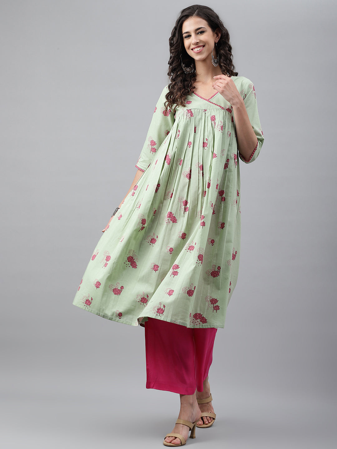 Janasya Women's Light Green Cotton Floral Printed Casual Flared Kurta | Grocsy