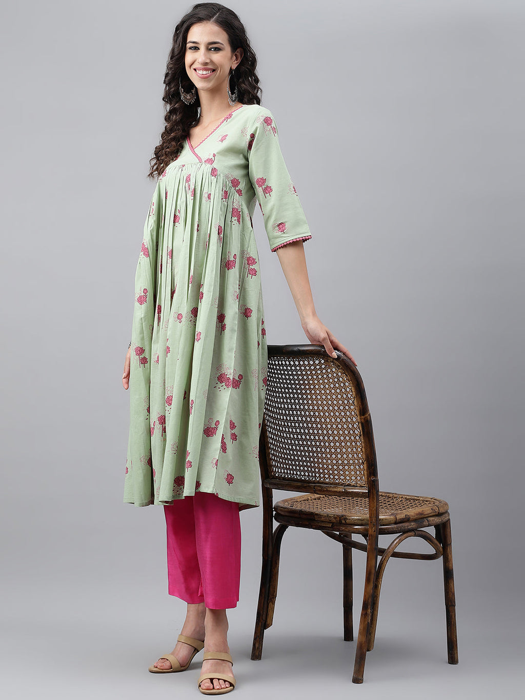 Janasya Women's Light Green Cotton Floral Printed Casual Flared Kurta | Grocsy
