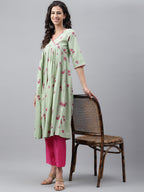 Janasya Women's Light Green Cotton Floral Printed Casual Flared Kurta | Grocsy