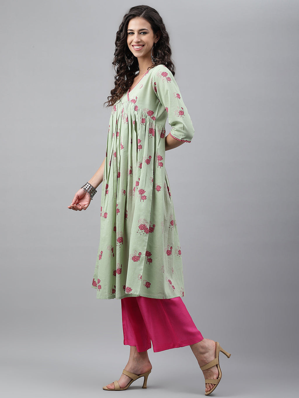 Janasya Women's Light Green Cotton Floral Printed Casual Flared Kurta | Grocsy