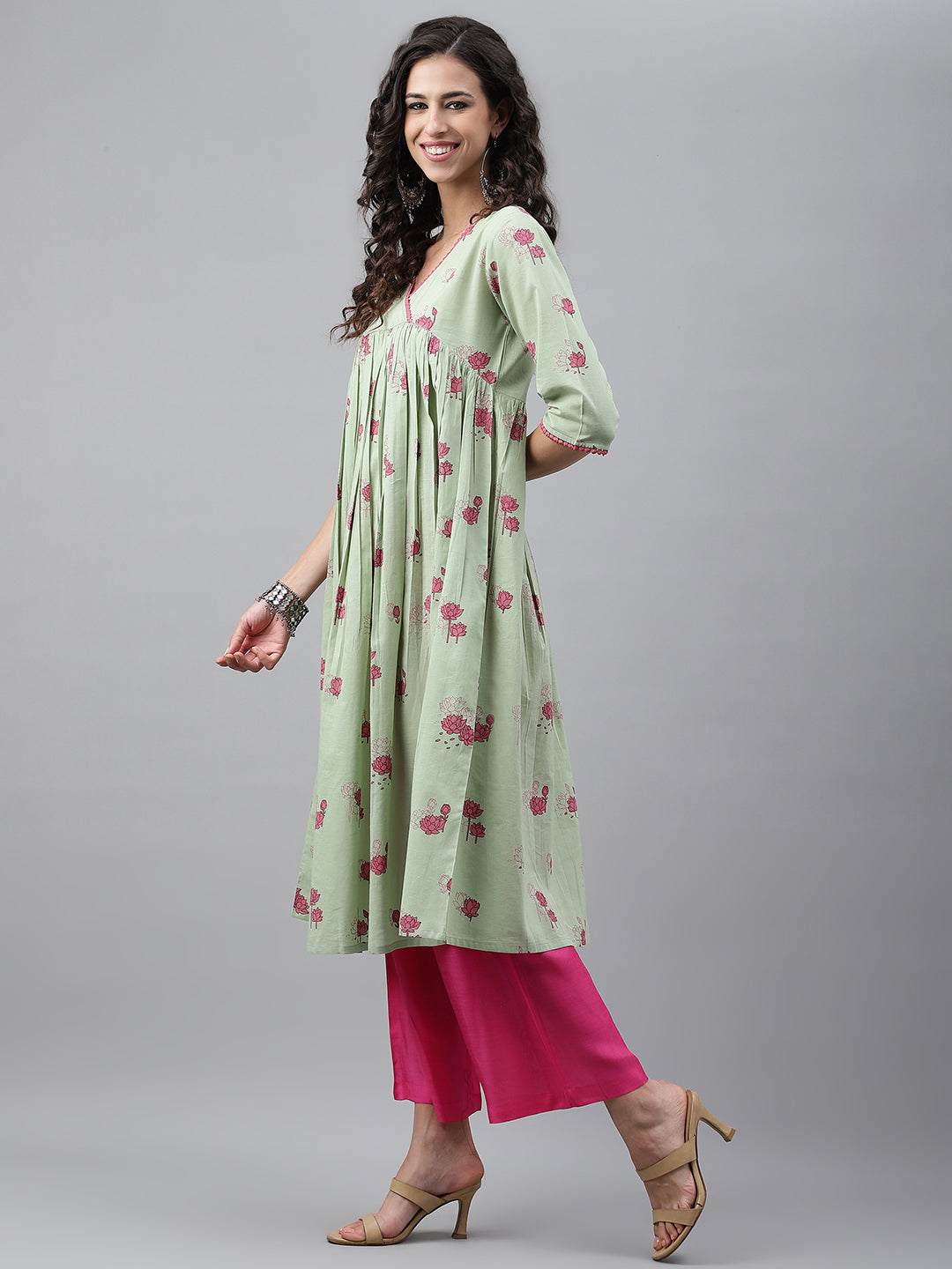 Janasya Women's Light Green Cotton Floral Printed Casual Flared Kurta | Grocsy