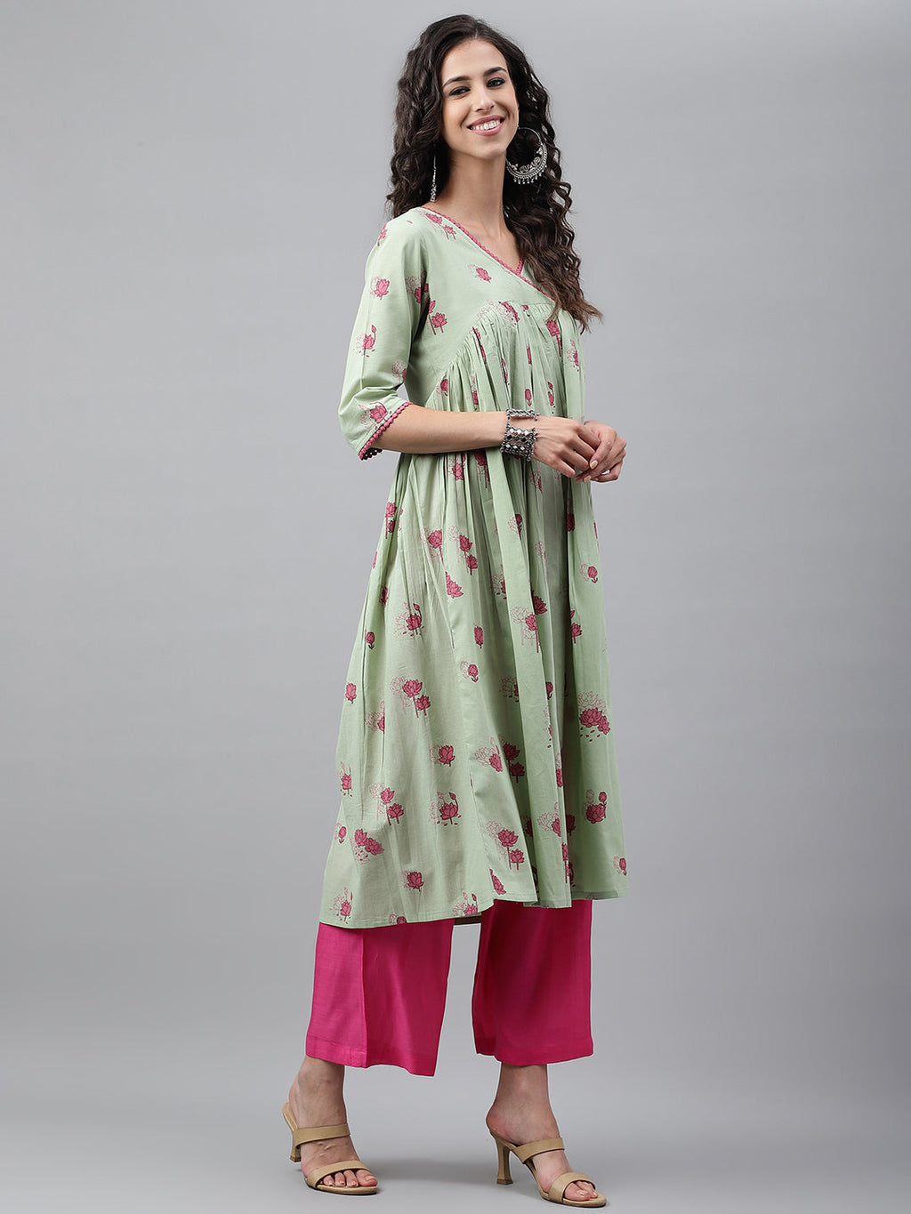 Janasya Women's Light Green Cotton Floral Printed Casual Flared Kurta | Grocsy
