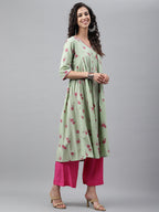 Janasya Women's Light Green Cotton Floral Printed Casual Flared Kurta | Grocsy