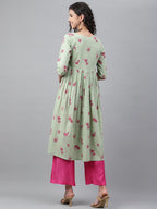 Janasya Women's Light Green Cotton Floral Printed Casual Flared Kurta | Grocsy