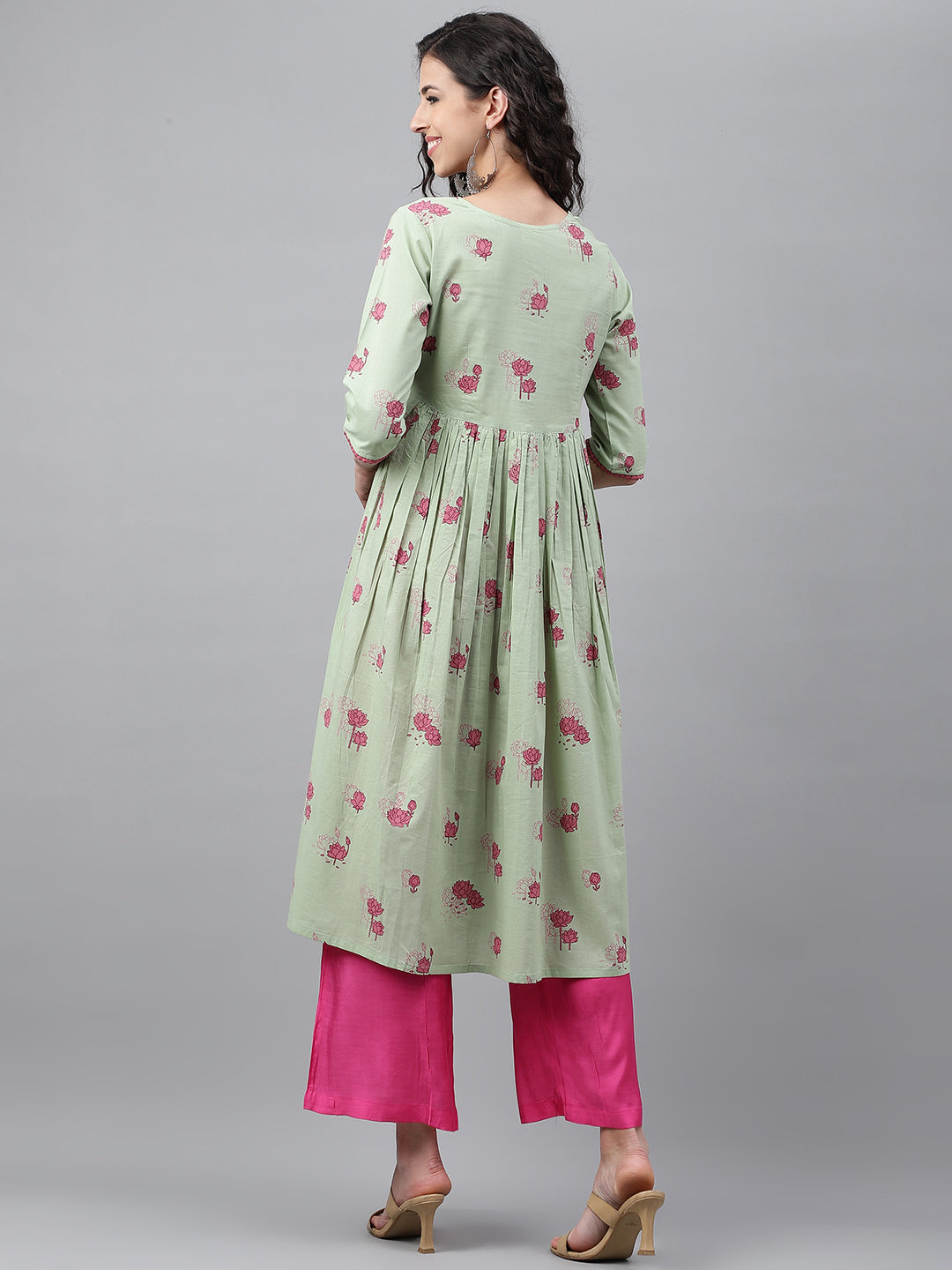 Janasya Women's Light Green Cotton Floral Printed Casual Flared Kurta | Grocsy
