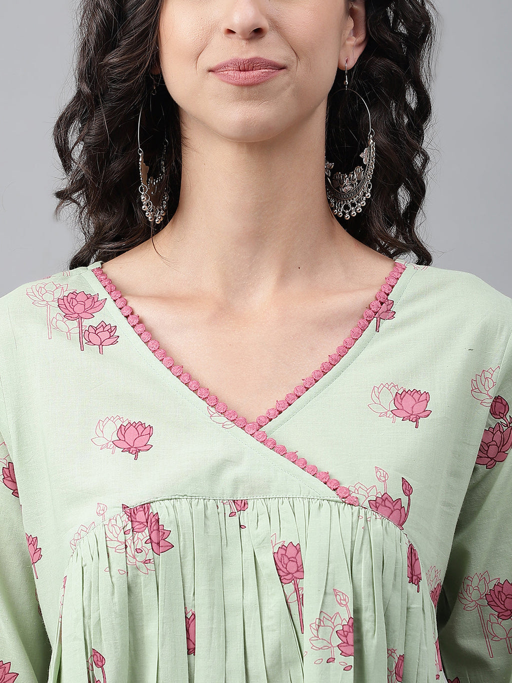 Janasya Women's Light Green Cotton Floral Printed Casual Flared Kurta | Grocsy