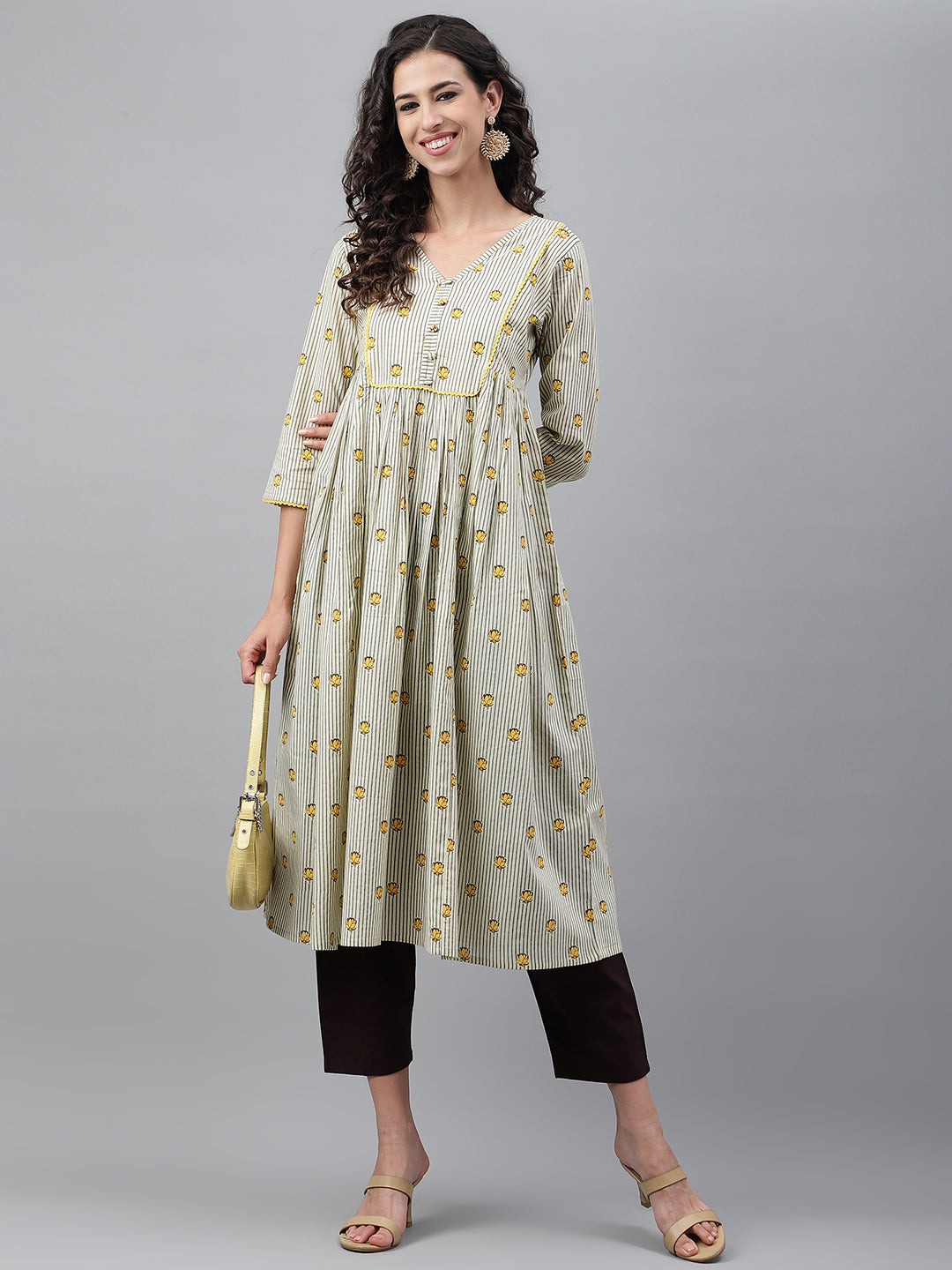 Janasya Women's Light Yellow Cotton Floral Printed Party Flared Kurta | Grocsy