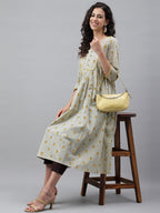Janasya Women's Light Yellow Cotton Floral Printed Party Flared Kurta | Grocsy