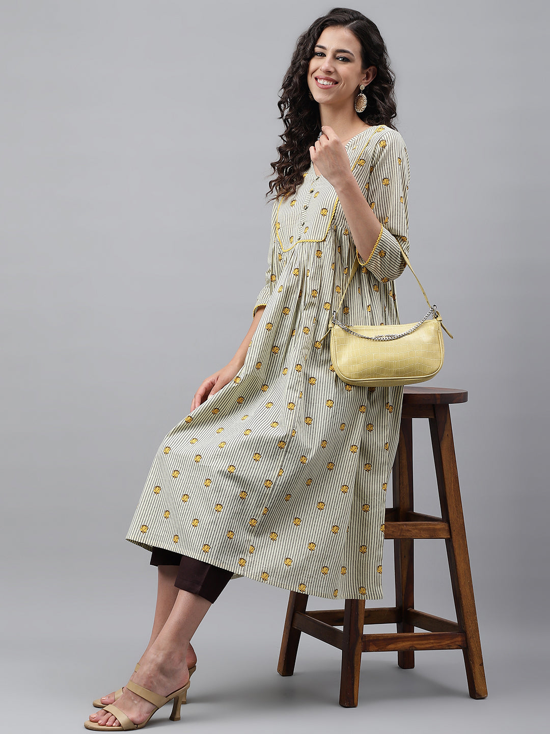 Janasya Women's Light Yellow Cotton Floral Printed Party Flared Kurta | Grocsy