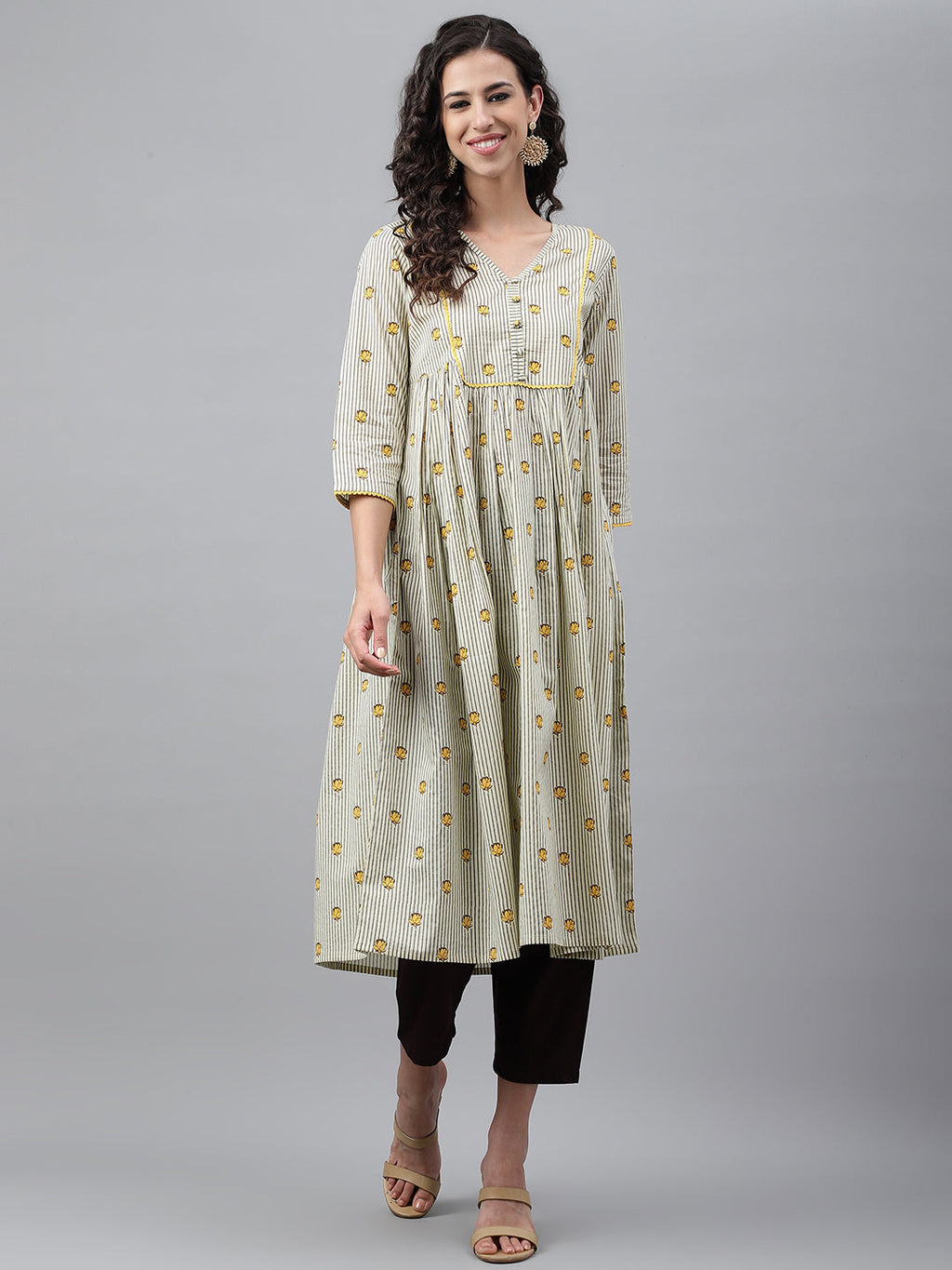 Janasya Women's Light Yellow Cotton Floral Printed Party Flared Kurta | Grocsy