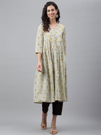 Janasya Women's Light Yellow Cotton Floral Printed Party Flared Kurta | Grocsy