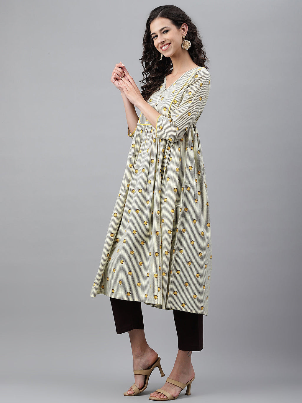 Janasya Women's Light Yellow Cotton Floral Printed Party Flared Kurta | Grocsy