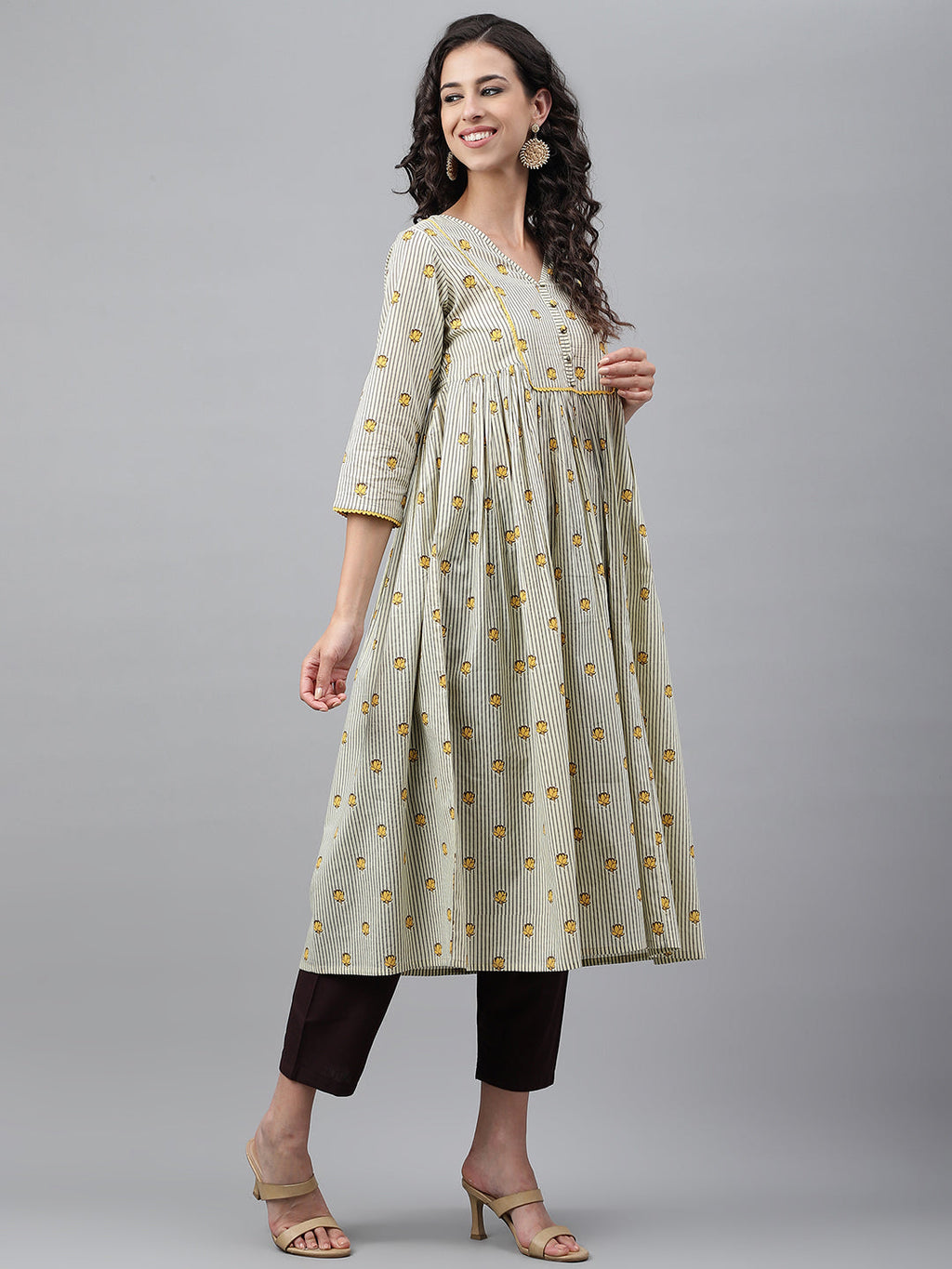Janasya Women's Light Yellow Cotton Floral Printed Party Flared Kurta | Grocsy