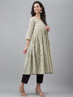 Janasya Women's Light Yellow Cotton Floral Printed Party Flared Kurta | Grocsy
