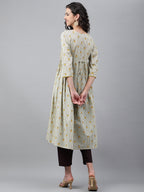 Janasya Women's Light Yellow Cotton Floral Printed Party Flared Kurta | Grocsy