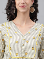 Janasya Women's Light Yellow Cotton Floral Printed Party Flared Kurta | Grocsy