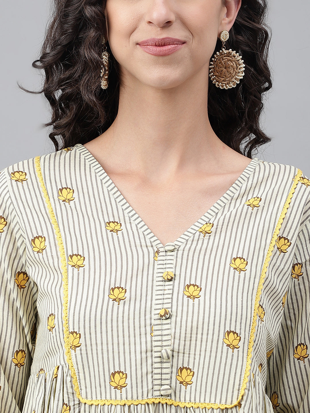 Janasya Women's Light Yellow Cotton Floral Printed Party Flared Kurta | Grocsy