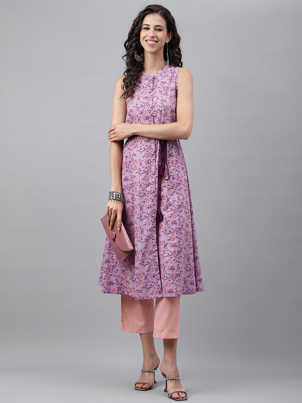 Janasya Women's Lavender Cotton Floral Printed Casual A-Line Kurta | Grocsy