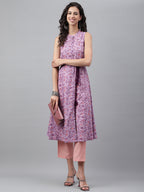 Janasya Women's Lavender Cotton Floral Printed Casual A-Line Kurta | Grocsy