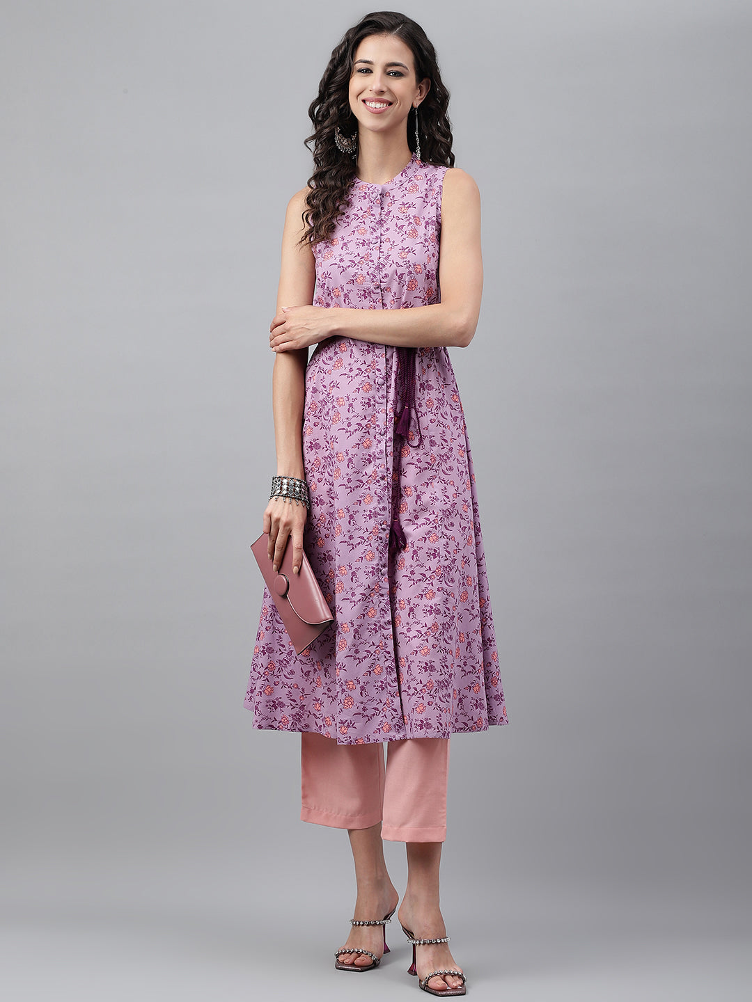 Janasya Women's Lavender Cotton Floral Printed Casual A-Line Kurta | Grocsy
