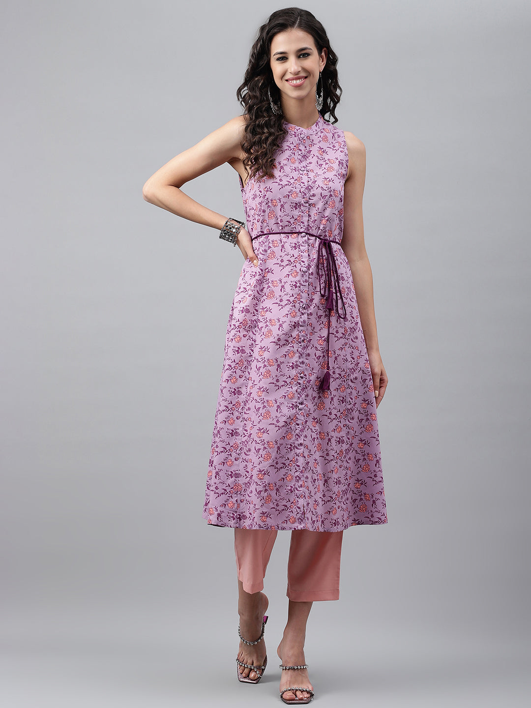 Janasya Women's Lavender Cotton Floral Printed Casual A-Line Kurta | Grocsy