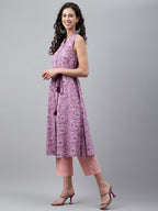 Janasya Women's Lavender Cotton Floral Printed Casual A-Line Kurta | Grocsy
