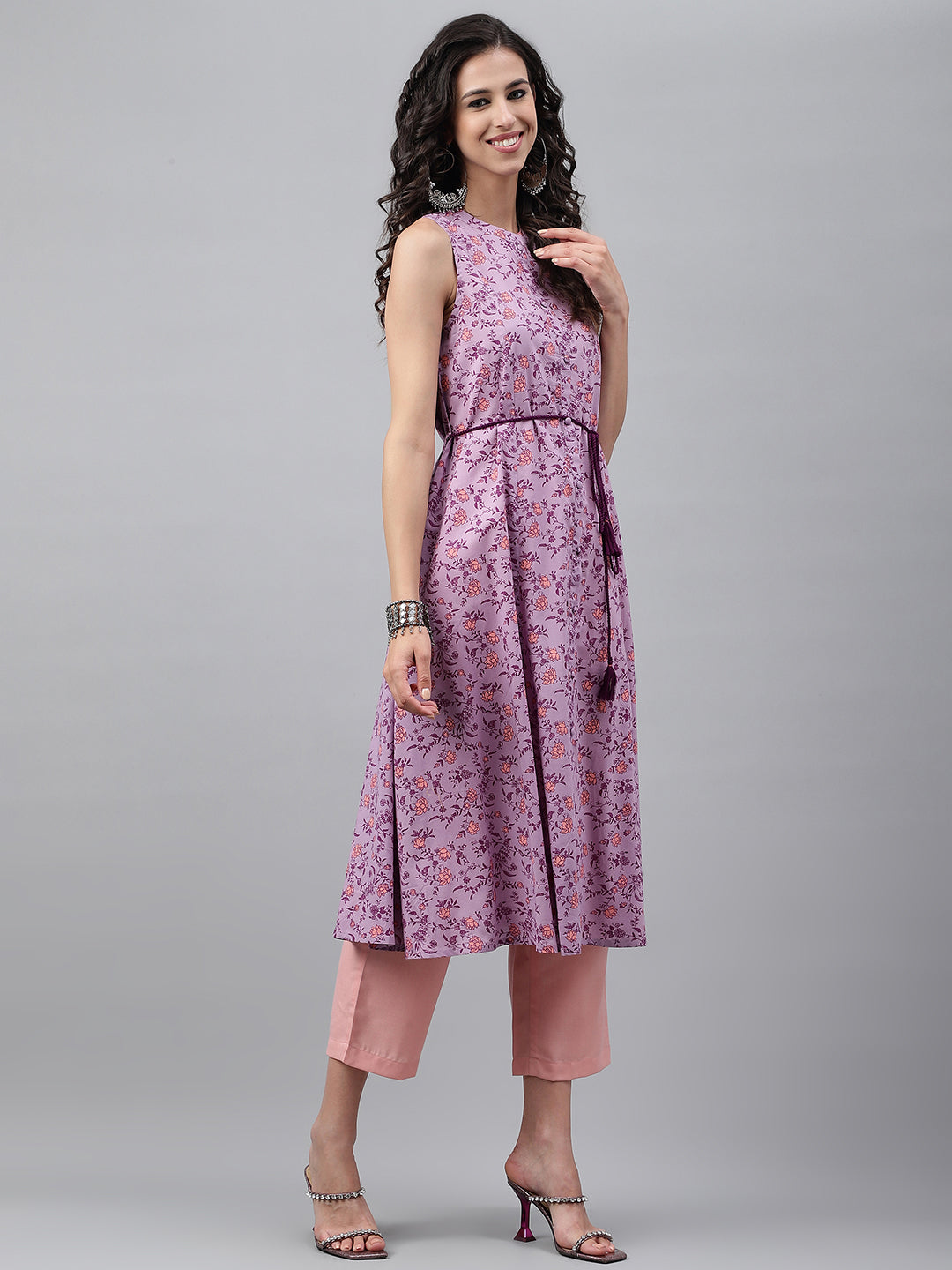 Janasya Women's Lavender Cotton Floral Printed Casual A-Line Kurta | Grocsy