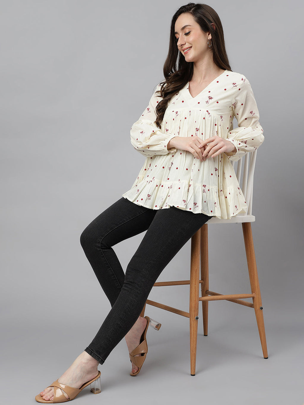 Janasya Women's Off White Cambric Cotton Floral Print Gathered Top | Grocsy
