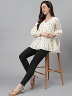 Janasya Women's Off White Cambric Cotton Floral Print Gathered Top | Grocsy